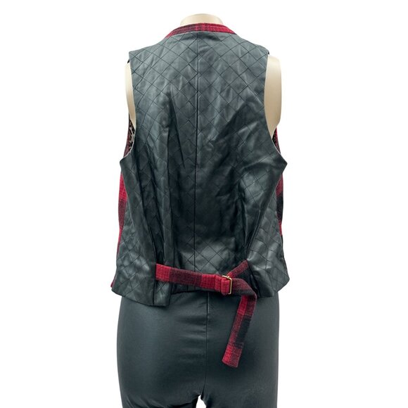 Tasha Polizzi Wool Plaid Vest Red Black Quilted Faux Leather Back Lined Womens M - Picture 3 of 10